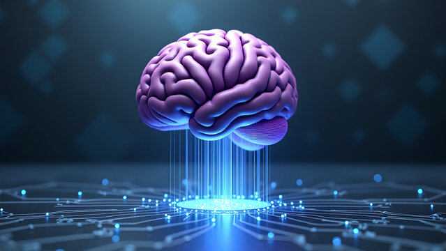 3D Rendered Futuristic Brain with Glowing Fiber Optic Strands and Digital Cyberpunk Connection