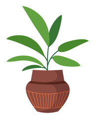 Green houseplant with large leaves growing in brown clay pot. Flower in a pot closeup for interior design, balcony, patio decoration, veranda, terrace, or office use. Flat vector illustration