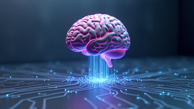 3D Rendered Futuristic Brain with Glowing Fiber Optic Strands and Digital Cyberpunk Connection