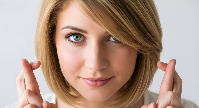 Woman with crossed fingers looking at the camera - Powered by Adobe