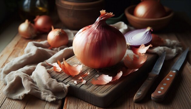 Onions and garlic on a wooden board fresh vegetables ingredient