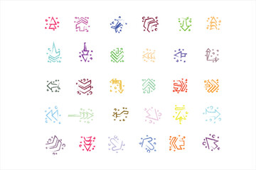 Abstract futuristic arrow icon set with circuit style dotted design colorful modern navigation symbols for digital technology infographic direction UI and creative graphic projects