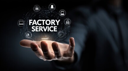 Hand displays a digital sphere showing "Factory Service" and related icons, symbolizing integrated factory management and maintenance services