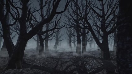 swirling fog envelops leafless trees in a dark, eerie forest, crafting a mysterious and spooky atmosphere that evokes feelings of suspense and intrigue in the twilight landscape 4k video - Powered by Adobe