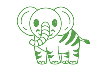 Cute smiling elephant features green outlines and bold stripes on its body