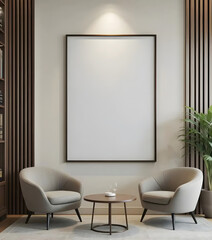 Elegant Contemporary Living Room Interior Poster Art Frame Mockup Featuring Vertical Blank White Frame with Black Border, Wooden Leg Mid-Century Modern Sofa, Decorative Green Indoor Plant Beside Light