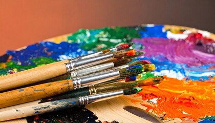 Obraz premium A collection of 's brushes rests atop a colorful palette, displaying a variety of vibrant hues and textures.