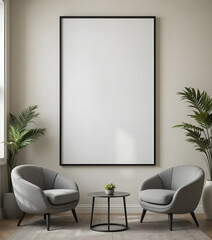 Elegant Contemporary Living Room Interior Poster Art Frame Mockup Featuring Vertical Blank White Frame with Black Border, Wooden Leg Mid-Century Modern Sofa, Decorative Green Indoor Plant Beside Light
