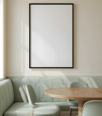 Elegant Contemporary Living Room Interior Poster Art Frame Mockup Featuring Vertical Blank White Frame with Black Border, Wooden Leg Mid-Century Modern Sofa, Decorative Green Indoor Plant Beside Light