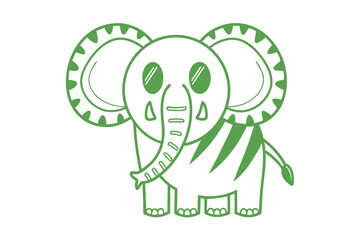 A simple line drawing showcases an isolated green elephant with rounded features and whimsical designs