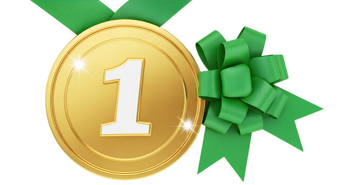 Gold Medal with Green Ribbon First Place Award Achievement Success Vector Illustration Graphic Design