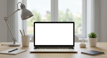 Minimalist Laptop Computer Mockup on Desk with Workspace Essentials and Natural Light