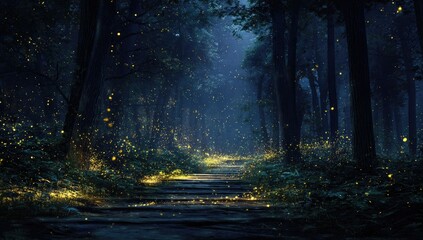 Obraz premium Enchanting night forest path illuminated by fireflies (6)