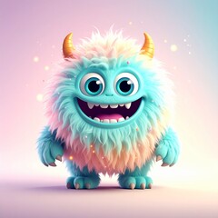Naklejka premium A cheerful, furry monster with pastel hues and sparkling details stands out against a soft, diffused backdrop.
