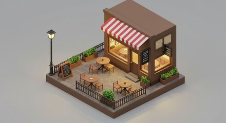 Obraz premium Isometric Rendered 3D Cafe Shop Restaurant with Outdoor Seating Illustration