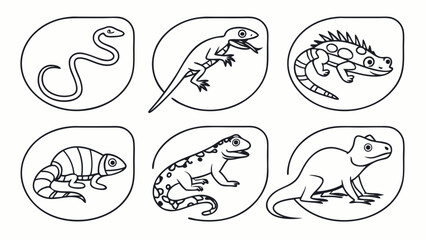 Minimalist black and white reptile vector illustrations set featuring snake, lizard, crocodile, and gecko in clean outline style for logos, prints, stickers, and educational designs.