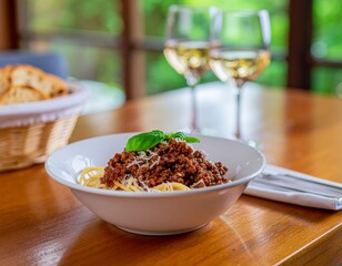 Classic Italian Spaghetti Bolognese on Rustic Wooden Table