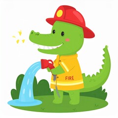Obraz premium A cheerful, cartoon crocodile firefighter sprays water from a hose onto a puddle, embodying a friendly and helpful persona.
