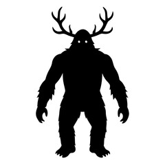 Silhouette of a bigfoot creature with deer antlers and glowing eyes