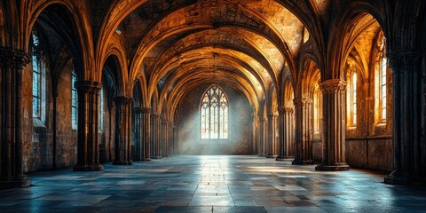 Fototapeta premium Grand cathedral interior with vaulted ceilings, tall stone arches, glowing chandeliers, stained glass windows, and an altar at the end of the central aisle. Generative by AI.