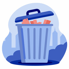 Trash can with lid open and paper waste inside against city background  