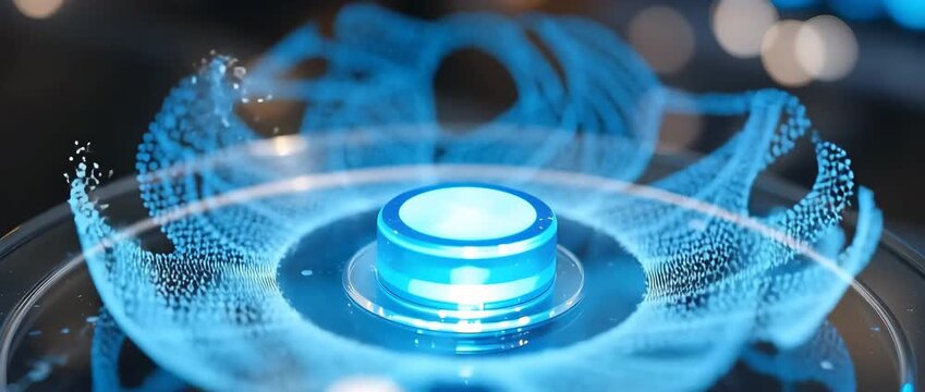 A glowing blue button embedded in a glass table, surrounded by holographic light patterns, background blurred like bokeh photography, ultra high definition.. 4K Video