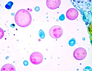 Abstract Macro View of Pink and Blue Bubbles and Droplets on White Background.