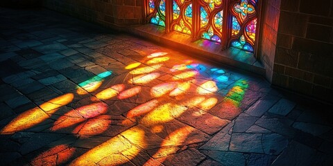 Bright sunlight shines through colorful stained glass window casting vivid red, orange, and yellow patterns on stone floor inside dark cathedral space. Generative by AI.