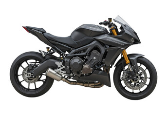 Yamaha R1 Motorcycle: Black Sportbike, Studio Shot, Side View isolated on transparent background