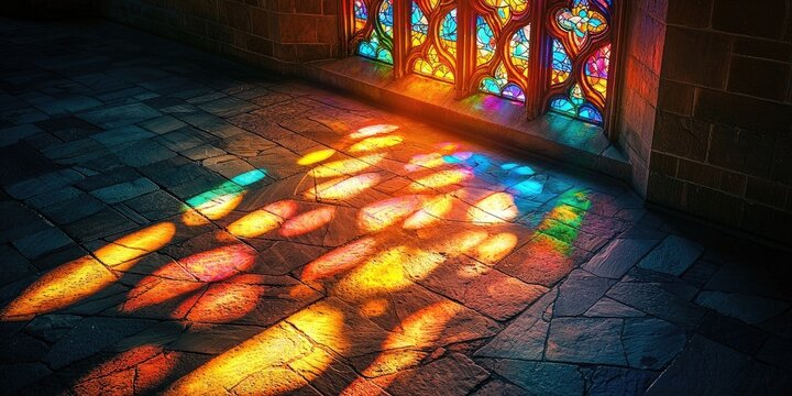 Bright sunlight shines through colorful stained glass window casting vivid red, orange, and yellow patterns on stone floor inside dark cathedral space. Generative by AI. - Powered by Adobe