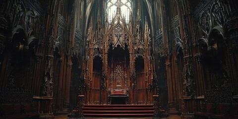 Elaborately carved wooden church altarpiece with tall spires, gothic arches, central cross, and sculpted figures illuminated by focused lighting. Generative by AI.