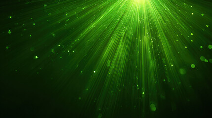 Radial green glowing rays with bokeh circles on dark gradient background for big data visualization and green tech wallpaper