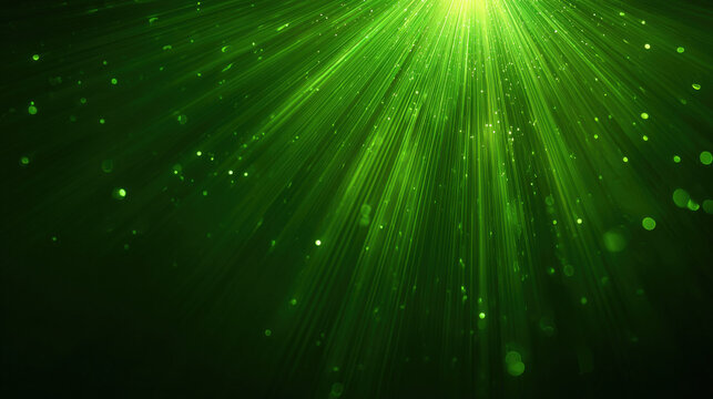 Radial green glowing rays with bokeh circles on dark gradient background for big data visualization and green tech wallpaper