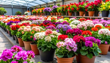 A vibrant display of potted primrose flowers in a greenhouse showcasing natures colorful artistry