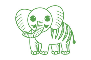 Cheerful cartoon elephant outlined in green showcases its charming, whimsical design on the pristine backdrop
