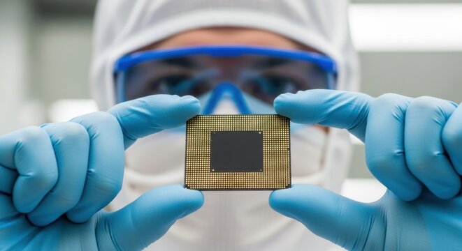 Closeup of a scientist in protective gear holding a computer processor chip, highlighting technological advancement and microelectronics - Powered by Adobe