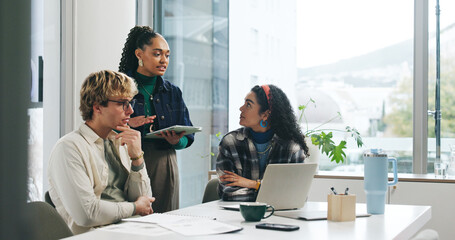 Planning, technology and feedback with business people in office for discussion, review or report. Laptop, teamwork or training with creative group for collaboration, support or brainstorming advice