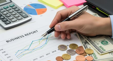 Closeup of a hand holding a pen over a business report with financial charts, money, coins, and a calculator on a desk, symbolizing financial analysis and planning