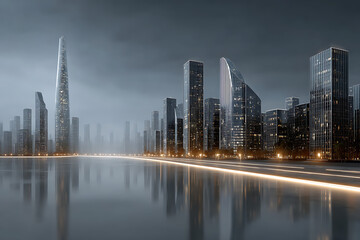 Obraz premium Modern city skyline gleams at dusk, reflecting tranquil water with glowing light trails on the road.