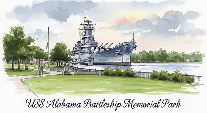 Digital painting of modern structures and landmarks of USS Alabama Battleship Memorial Park in watercolor and text style for displays, wallpapers and more
