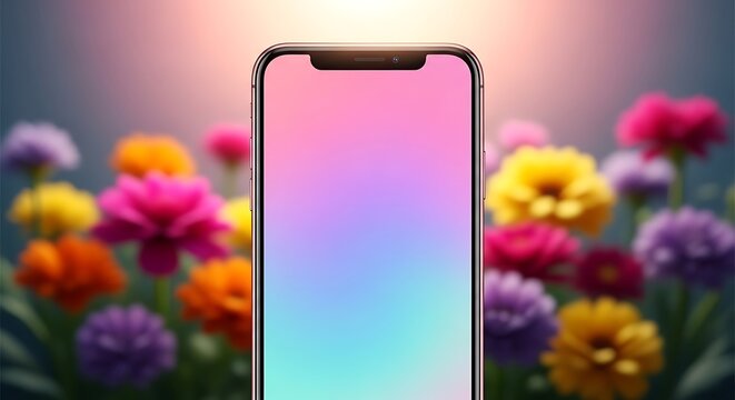 Modern smartphone displaying vibrant pastel gradient with blurred floral background enhancing its aesthetic appeal and technological sophistication for diverse creative projects