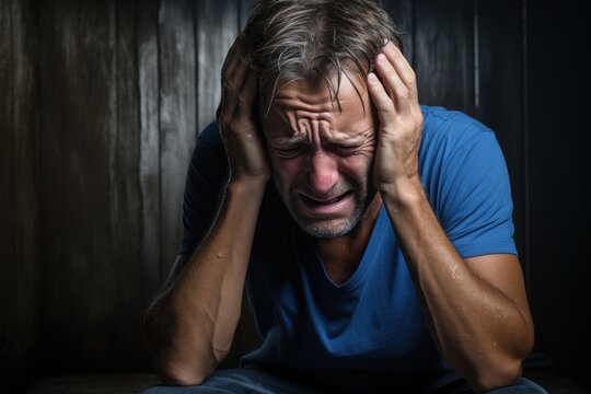 A man sits alone in a dim room, visibly distressed as he clutches his head in anguish. His expression shows deep emotional pain, capturing a moment of vulnerability and struggle
