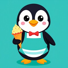 A cheerful penguin, wearing a teal apron and bow tie, holds a waffle cone filled with a tasty treat.
