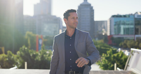 Businessman, thinking and outdoor for city planning, urban development or real estate insight in...