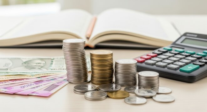 Stacks of indian rupees coins and banknotes are neatly arranged on a desk next to an open book and a calculator, symbolizing financial management and economic planning