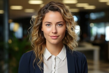 A young woman with curly hair stands confidently in a contemporary office, her pleasant expression inviting engagement. Natural light streams through large windows, highlighting the modern decor