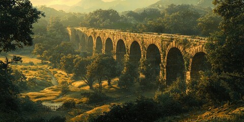 Long stone aqueduct with multiple arches spanning green forested valley under blue sky with white clouds. Generative by AI.