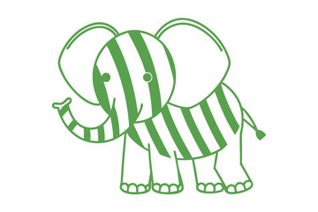 A green striped elephant has a simple outline and a happy expression