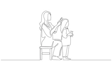 Continuous one line drawing of mother gently combing her daughter's hair, symbolizing care, nurturing, love, and strong bond between parent and child, single line art.