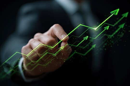 Hand interacts with upward trending green graph